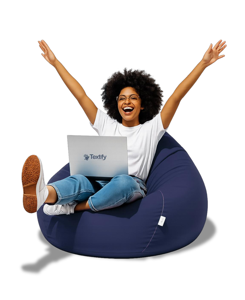 A partner celebrating with the Textify platform open on her laptop
